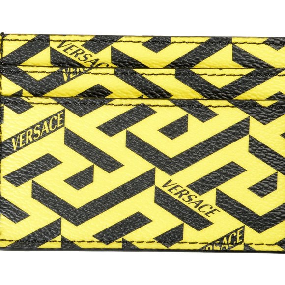Versace Unisex "La Greca" Signature Textured Leather Yellow Card Case